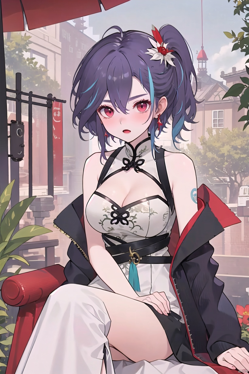  ((outside)), ((sitting)), ((garden)), ((park)), ((sunshine)), ((purple hair)), ((blue streaked hair)), ((single drill)), ((side ponytail)), (red eyes), chinese dress, white upshirt, black dress, ((cleavage cutout)), ((short hair)), ((red ear ornament)), drakan_longdress_dragon crown_headdress