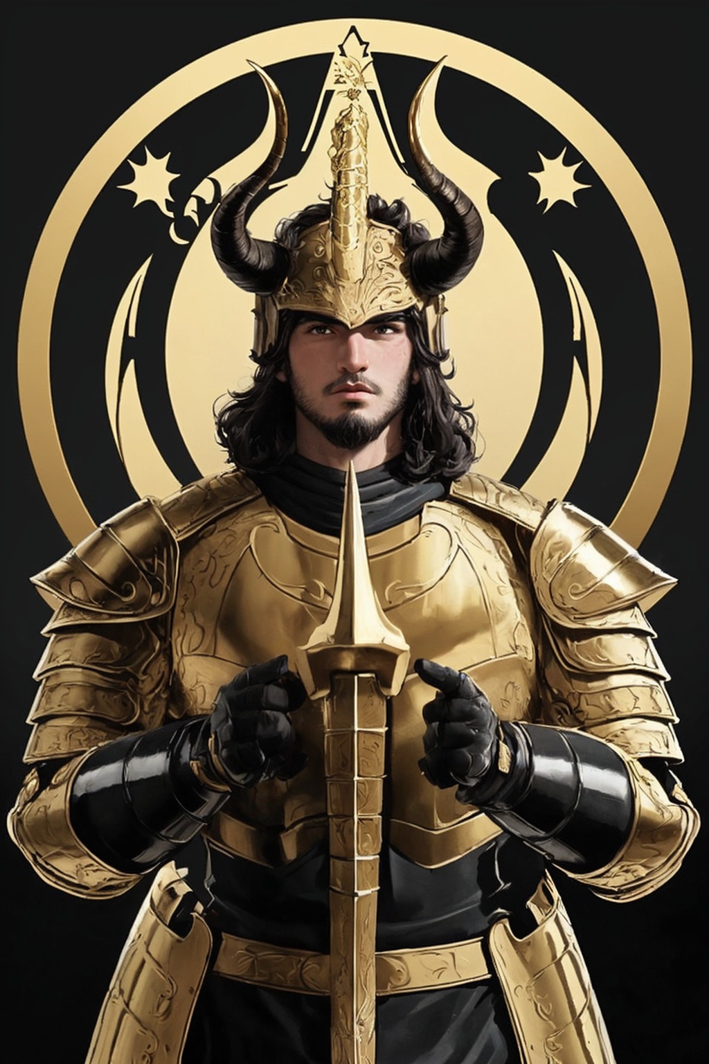 El Cid of Capricorn,  a handsome 21-year-old man. He has thick black hair,  brown eyes. He wears a helmet with fake horns....