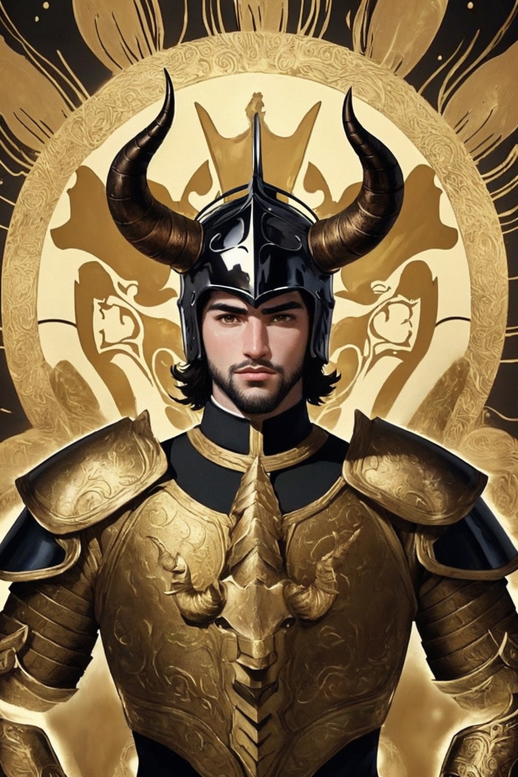 El Cid of Capricorn,  a handsome 21-year-old man. He has thick black hair,  brown eyes. He wears a helmet with fake horns....
