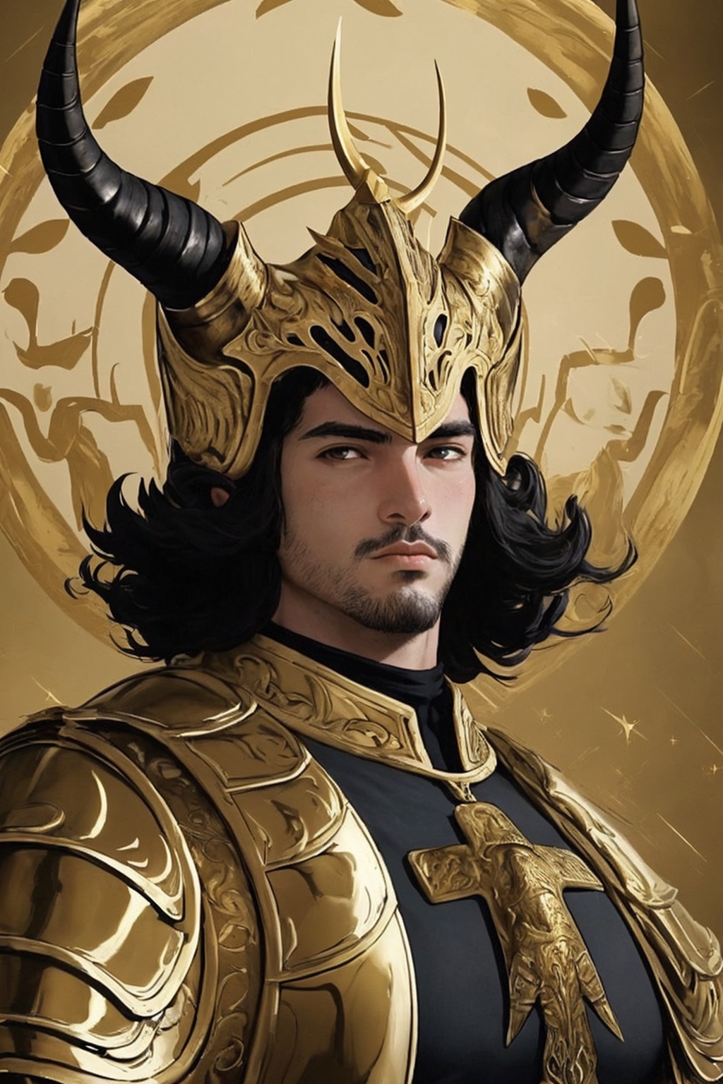 El Cid of Capricorn,  a handsome 21-year-old man. He has thick black hair,  brown eyes. He wears a helmet with fake horns....