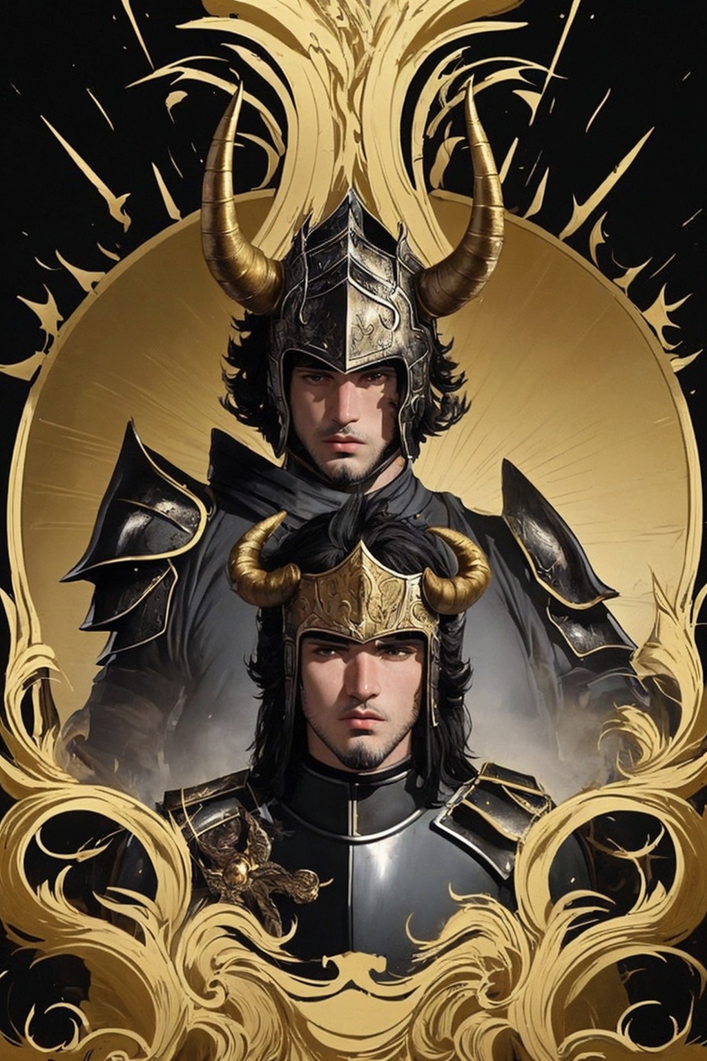 El Cid of Capricorn,  a handsome 21-year-old man. He has thick black hair,  brown eyes. He wears a helmet with fake horns....