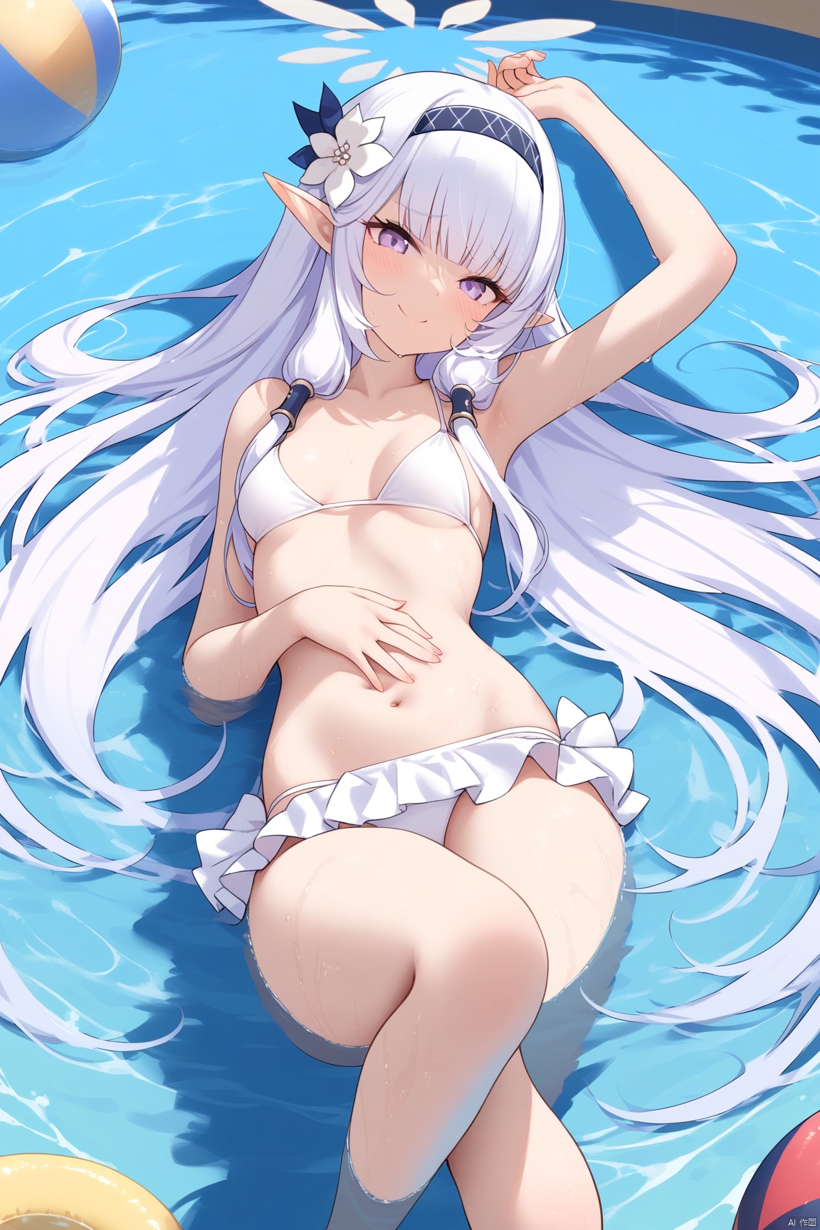  1girl,solo,(masterpiece:1.3),( beautiful:1.2),(high quality:1.2),(finely detailed:1.2),extremely detailed CG unity 8k wallpaper,best quality,a very delicate and beautiful,(perfect fingers),(one cute girl at the center:1.2),blush,smile,shy,looking_at_viewer,

long hair, breasts, bangs, navel, bare shoulders, very long hair, purple eyes, swimsuit, white hair, bikini, small breasts, lying, pointy ears, on back, water, arm up, wet, see-through, white bikini, partially submerged, frills,feet,bare_feet,toes,feet focus,leg_up,hands_on_own_stomach,himariBA, halo,hair ornament,flower, hairband, hair flower, hair tubes, black hairband,