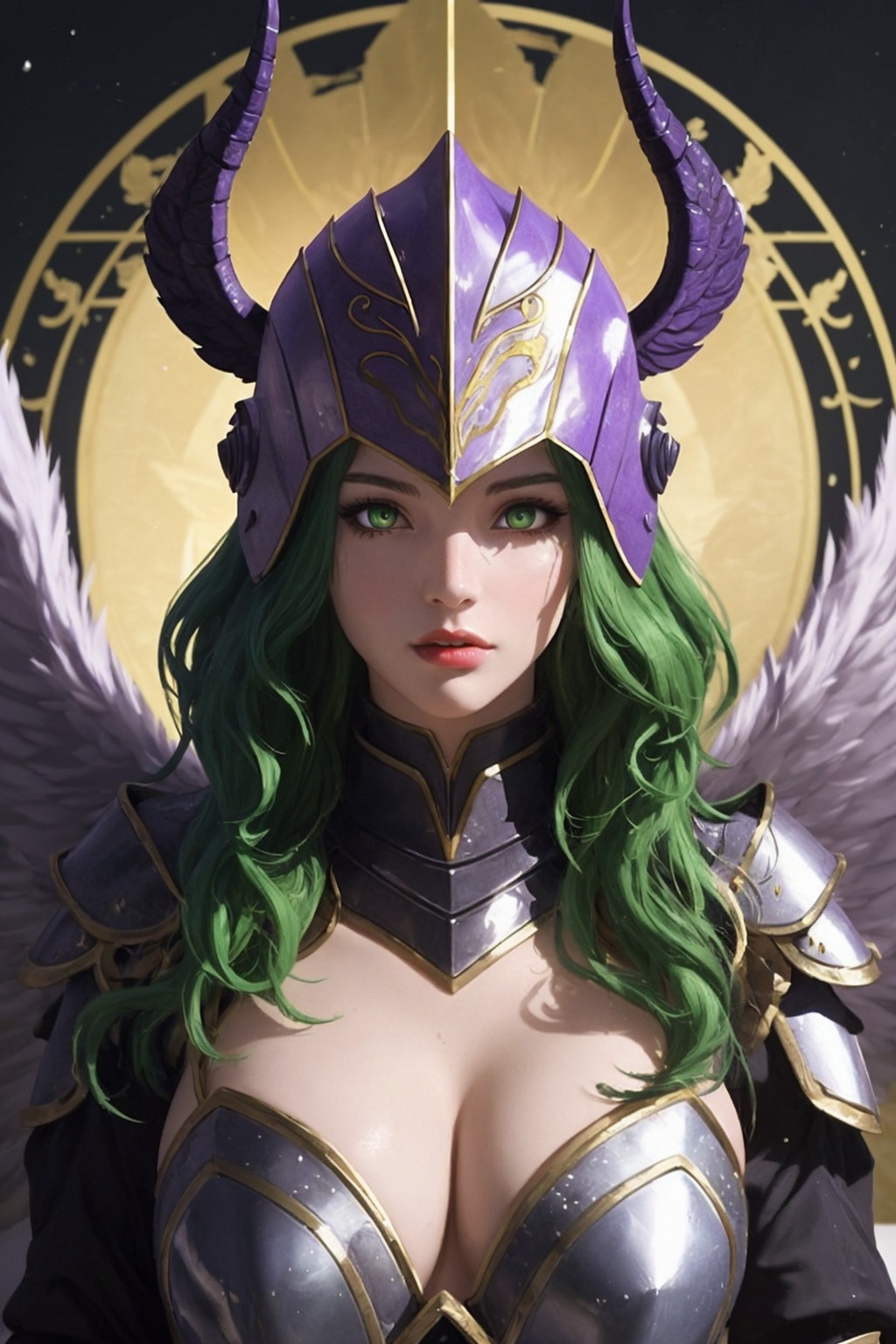 Phantasos,  a beautiful 25-year-old woman. She has a long wavy green hair,  amber eyes. She wears a helmet with fake wings...