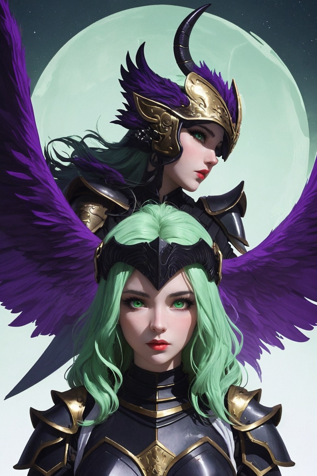 Phantasos,  a beautiful 25-year-old woman. She has a long wavy light_green hair,  amber eyes. She wears a helmet with fake...