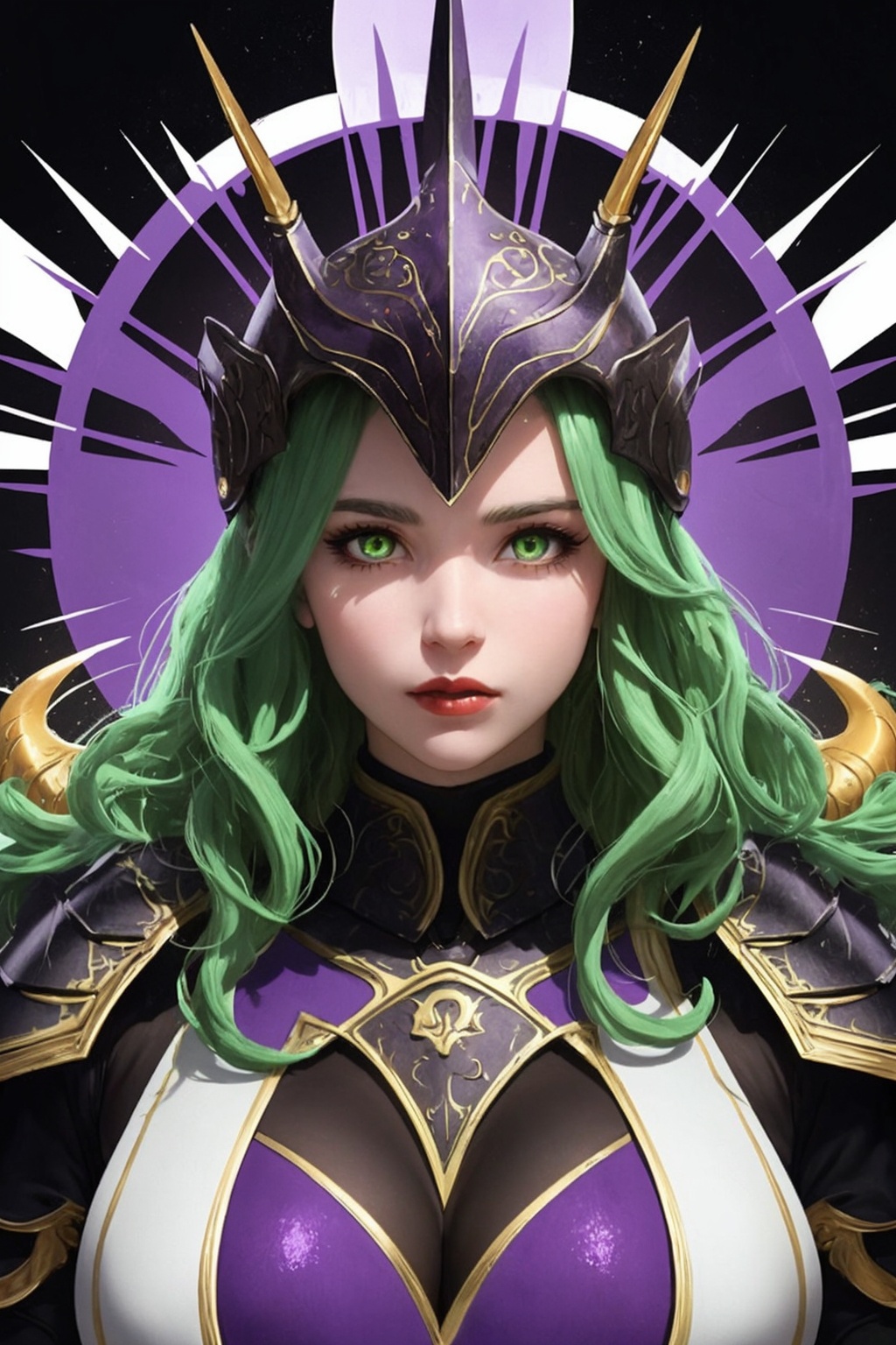 Phantasos,  a beautiful 25-year-old woman. She has a long wavy green hair,  amber eyes. She wears a helmet with fake wings...