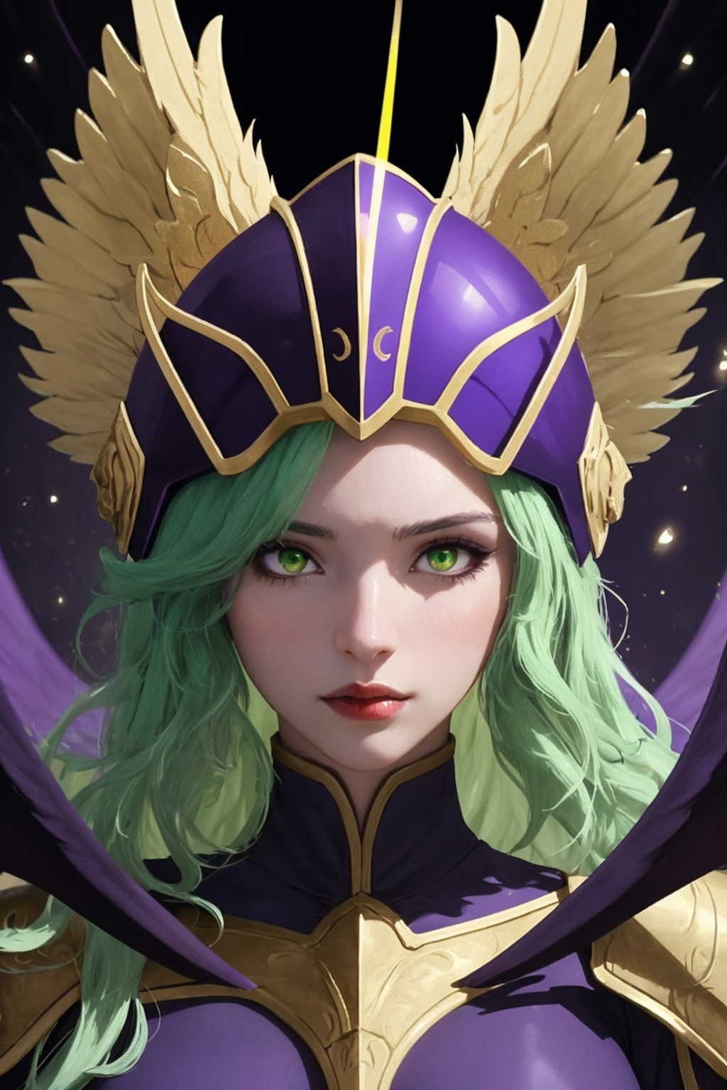 Phantasos,  a beautiful 25-year-old woman. She has a long wavy light_green hair,  amber eyes. She wears a helmet with fake...