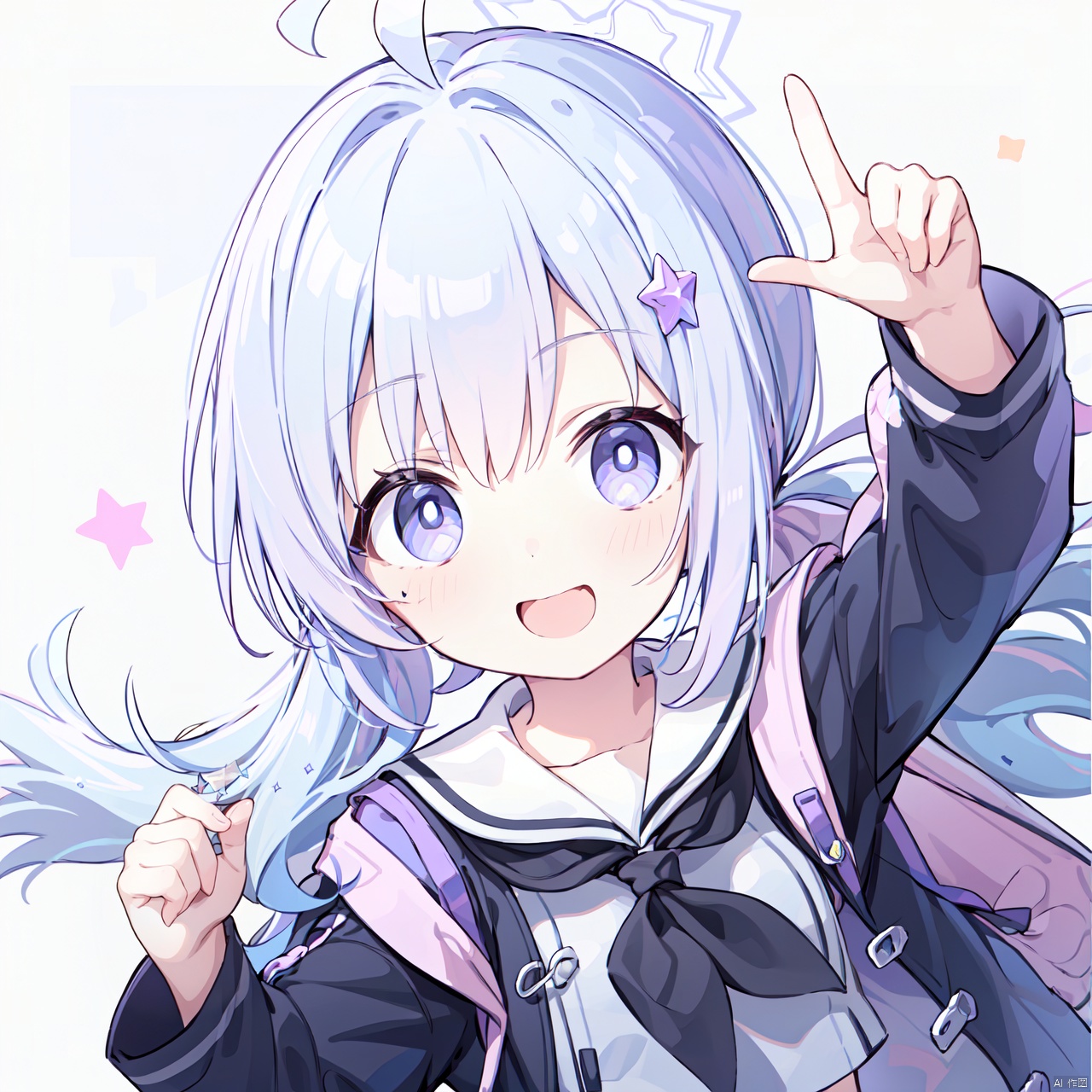 komeiji koishi,close-up,face focus, reisaBA,blush,smile,bangs,shirt,hair ornament,long sleeves,long hair,twintails,school uniform,blue hair,purple eyes,jacket,pink hair,purple hair,ahoge,multicolored hair,open clothes,serafuku,sailor collar,bag, star \(symbol\), two-tone hair, black jacket, v-shaped eyebrows, neckerchief, low twintails, halo, backpack, white sailor collar, star hair ornament, black neckerchief,