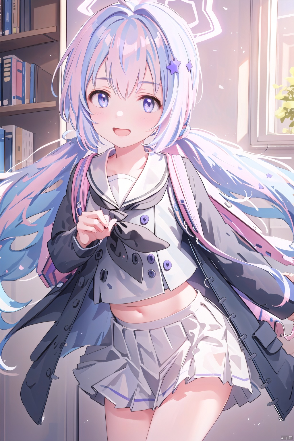  1girl,(masterpiece:1.3),( beautiful:1.2),(high quality:1.2),(finely detailed:1.2),extremely detailed CG unity 8k wallpaper,best quality,a very delicate and beautiful,perfect fingers,(one cute girl at the center:1.2),
reisaBA,blush,smile,bangs,skirt,shirt,hair ornament,long sleeves,long hair,twintails,school uniform,blue hair,purple eyes,jacket,pink hair,purple hair,ahoge,multicolored hair,pleated skirt,open clothes,shoes,serafuku,sailor collar,bag,star \(symbol\),two-tone hair,black jacket,v-shaped eyebrows,neckerchief,kneehighs,low twintails,halo,backpack,white skirt,stuffed animal,white sailor collar,star hair ornament,,black neckerchief,cowboy_shot,star halo,