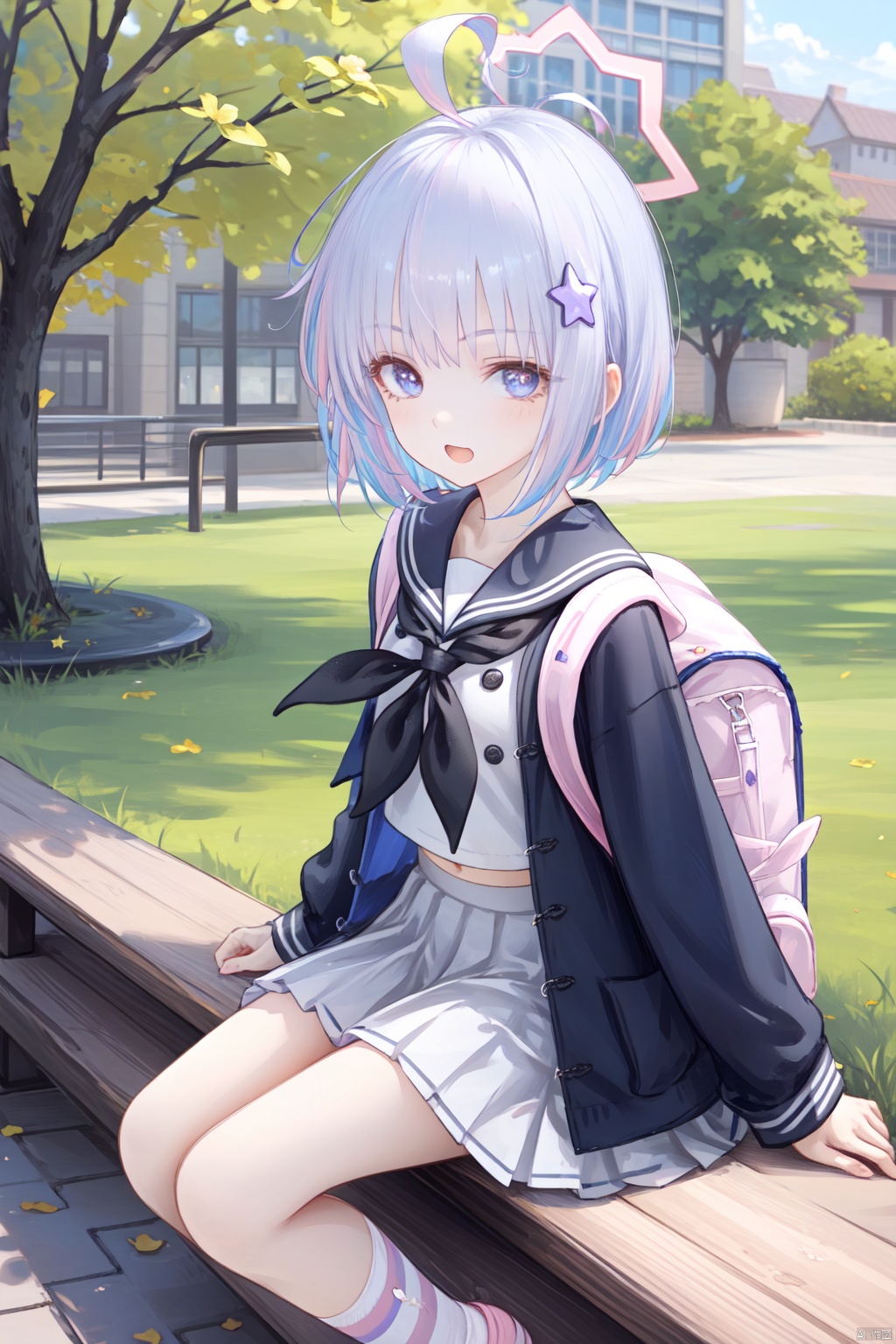  1girl,solo,(masterpiece:1.3),( beautiful:1.2),(high quality:1.2),(finely detailed:1.2),extremely detailed CG unity 8k wallpaper,best quality,a very delicate and beautiful,perfect fingers,(one cute girl at the center:1.2),
reisaBA,blush,smile,bangs,skirt,shirt,hair ornament,long sleeves,long hair,twintails,school uniform,blue hair,purple eyes,jacket,full body,pink hair,purple hair,ahoge,multicolored hair,pleated skirt,open clothes,shoes,serafuku,socks,striped,sailor collar,bag,star \(symbol\),two-tone hair,black jacket,v-shaped eyebrows,neckerchief,kneehighs,low twintails,halo,stuffed toy,backpack,white skirt,stuffed animal,sneakers,white sailor collar, star hair ornament,pink footwear,black neckerchief,striped socks,pink socks,
looking_at_viewer, blush, open_mouth, shy, sitting, :o, 
arms support, smile, open_mouth, happy_face,
 reisaBA, w-legs