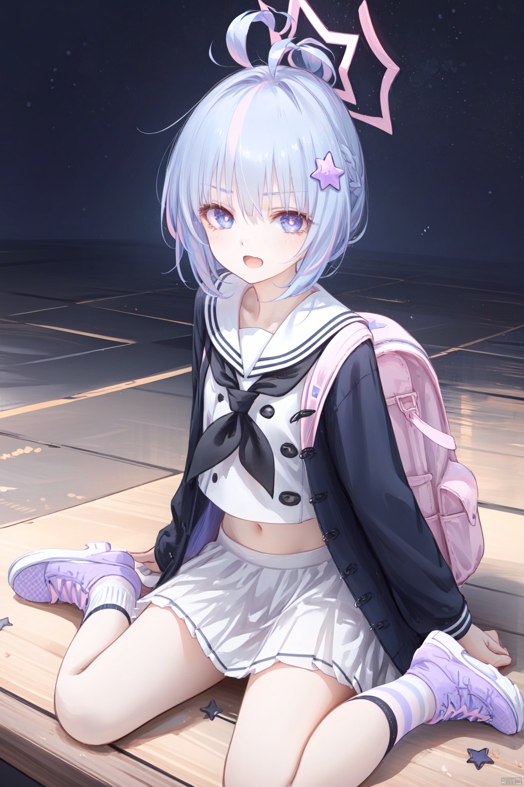  1girl,solo,(masterpiece:1.3),( beautiful:1.2),(high quality:1.2),(finely detailed:1.2),extremely detailed CG unity 8k wallpaper,best quality,a very delicate and beautiful,perfect fingers,(one cute girl at the center:1.2),
reisaBA,blush,smile,bangs,skirt,shirt,hair ornament,long sleeves,long hair,twintails,school uniform,blue hair,purple eyes,jacket,full body,pink hair,purple hair,ahoge,multicolored hair,pleated skirt,open clothes,shoes,serafuku,socks,striped,sailor collar,bag,star \(symbol\),two-tone hair,black jacket,v-shaped eyebrows,neckerchief,kneehighs,low twintails,halo,stuffed toy,backpack,white skirt,stuffed animal,sneakers,white sailor collar, star hair ornament,pink footwear,black neckerchief,striped socks,pink socks,
looking_at_viewer, blush, open_mouth, shy, sitting, :o, 
arms support, smile, open_mouth, happy_face,
 reisaBA, w-legs