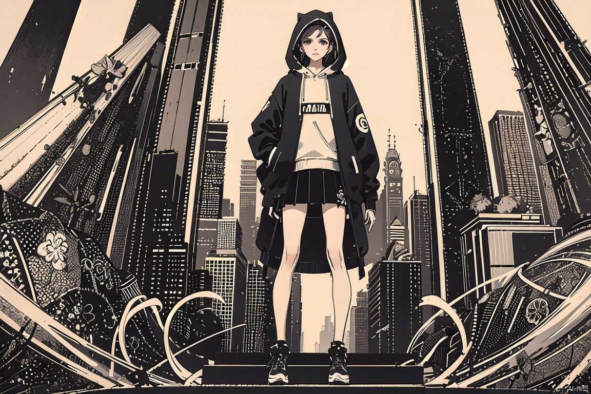  mbl,1girl,under a high skyscraper,modern city,hoodie,skirt,modern clothing,mlb,