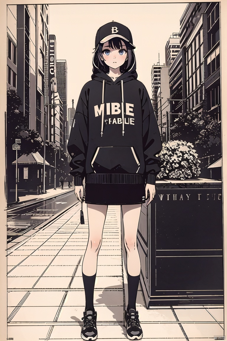  mbl,1girl,in the street,modern city,hoodie,skirt,mlb
