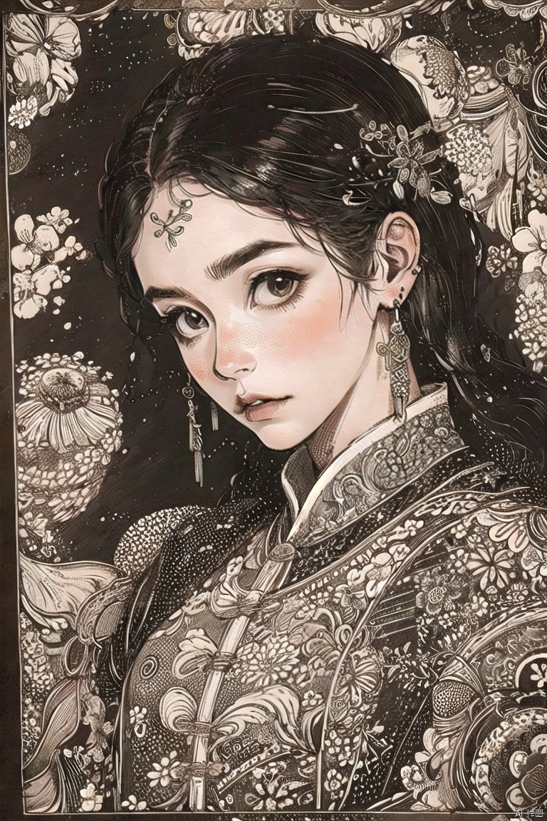 mbl,1girl,solo, monochrome,black hair,hair ornament,brown eyes,looking at viewer,flower,upper body,chinese clothes, mbl