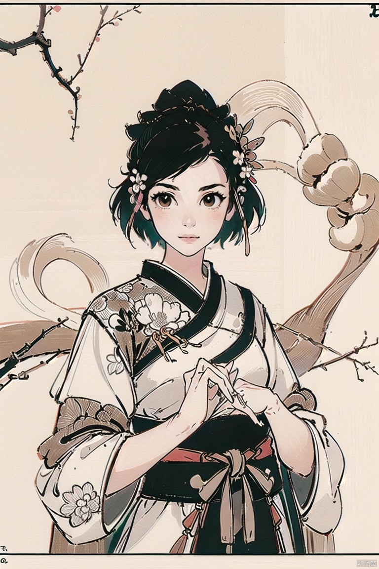 mbl,1girl,solo, monochrome,black hair,hair ornament,brown eyes,looking at viewer,flower,upper body,chinese clothes, mbl,traditional chinese ink painting, illustration, best quality