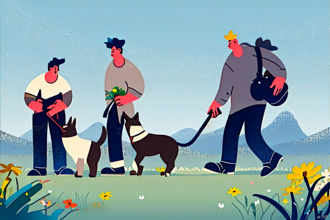 ((boys:1)), Wavy roll,Hold the dog,Flowers, grass, minimal, flat, best quality, 