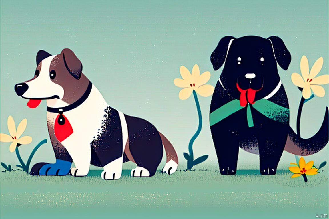 boys, Wavy roll,minimal, flat, best quality, dog,Flowers, grass, 