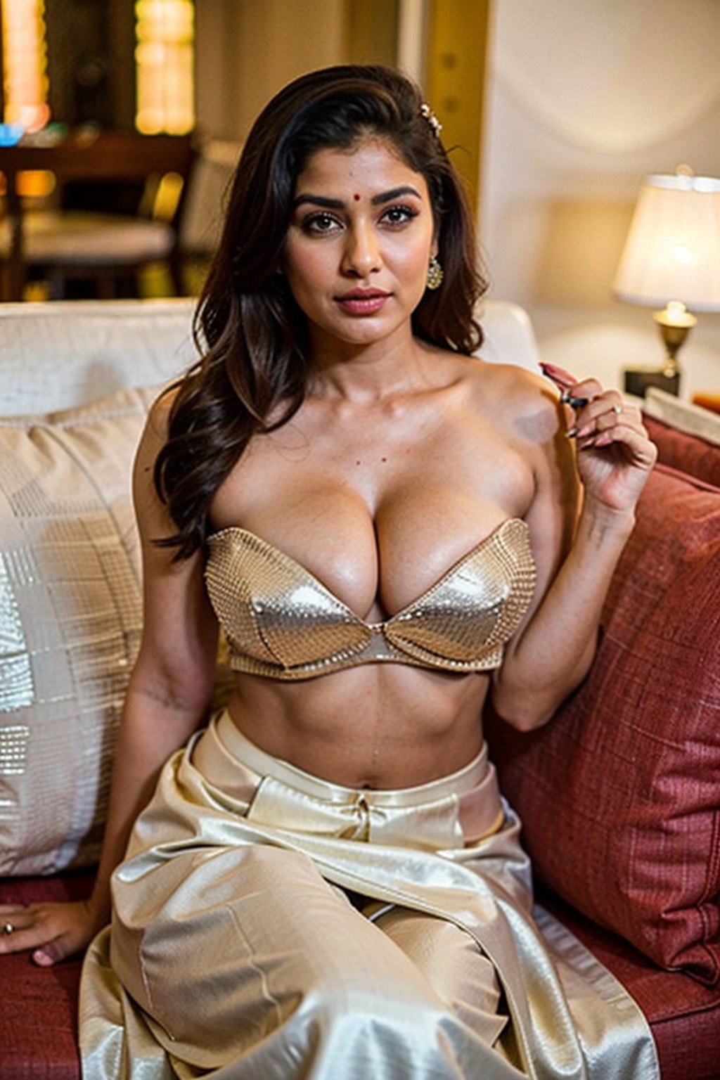 Amazingly beautiful indian bride with jewelry,  sitting coyly on a sofa curvy body,  large breast on Tensor.Art