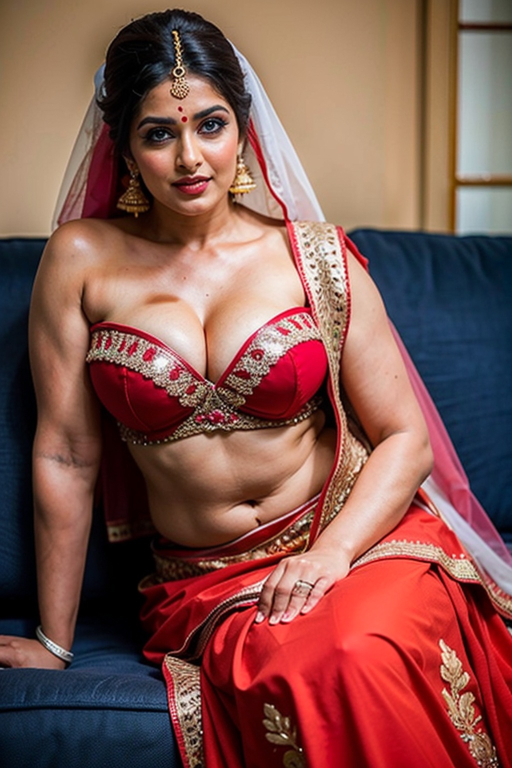 Amazingly beautiful indian bride with jewelry,  sitting coyly on a sofa curvy body,  large breast on Tensor.Art