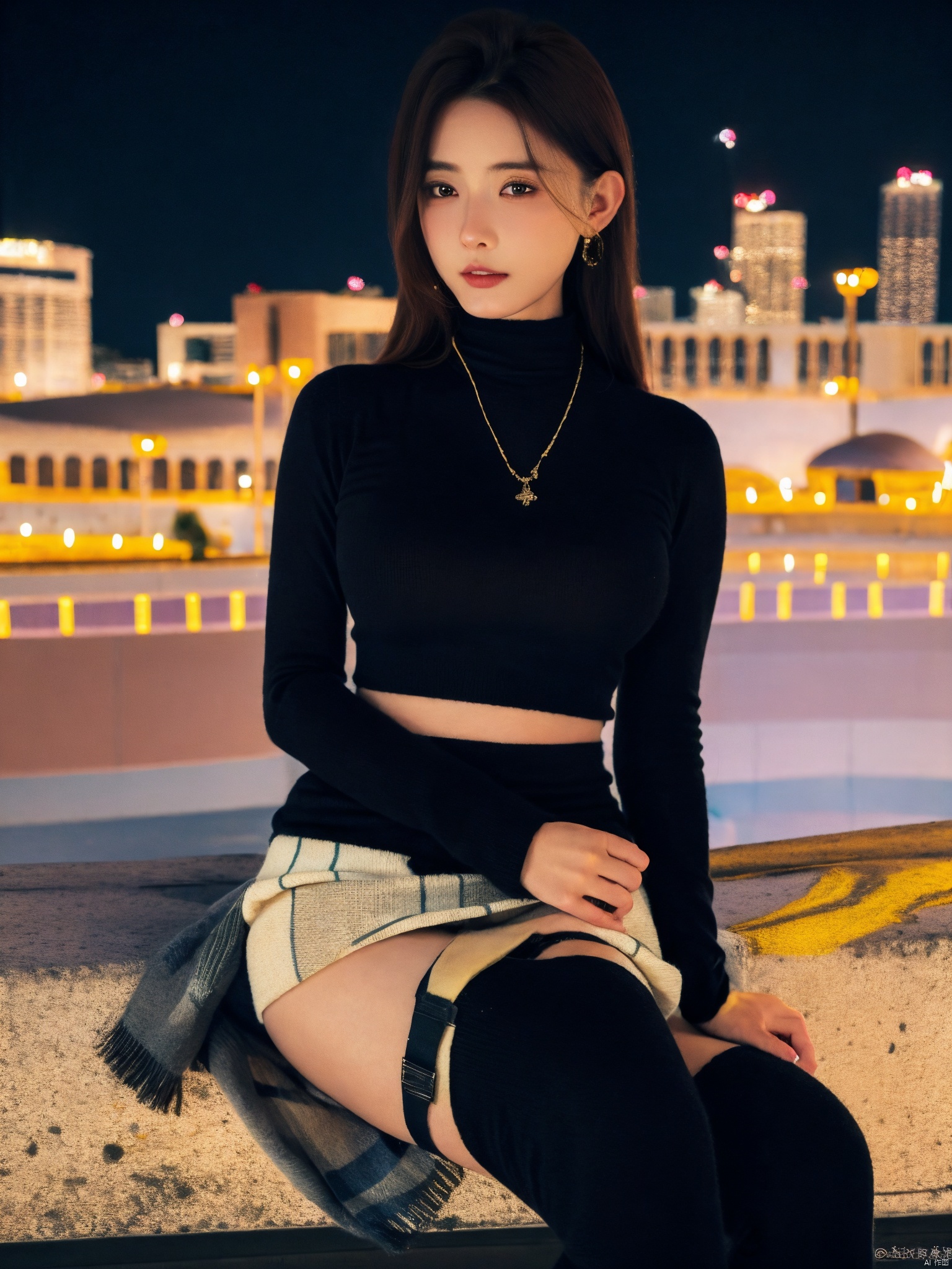  1girl,fashion model,female focus,(masterpiece, realistic, best quality, highly detailed, profession),asian,pretty,Charming eyes,exquisite facial features,bangle,sweater,scarf,skirt,black stockings,boots,sitting,night,neon,beach of city,new year,cinematic composition,,blurry,plns,sw, fireworks, hand101, ((poakl))