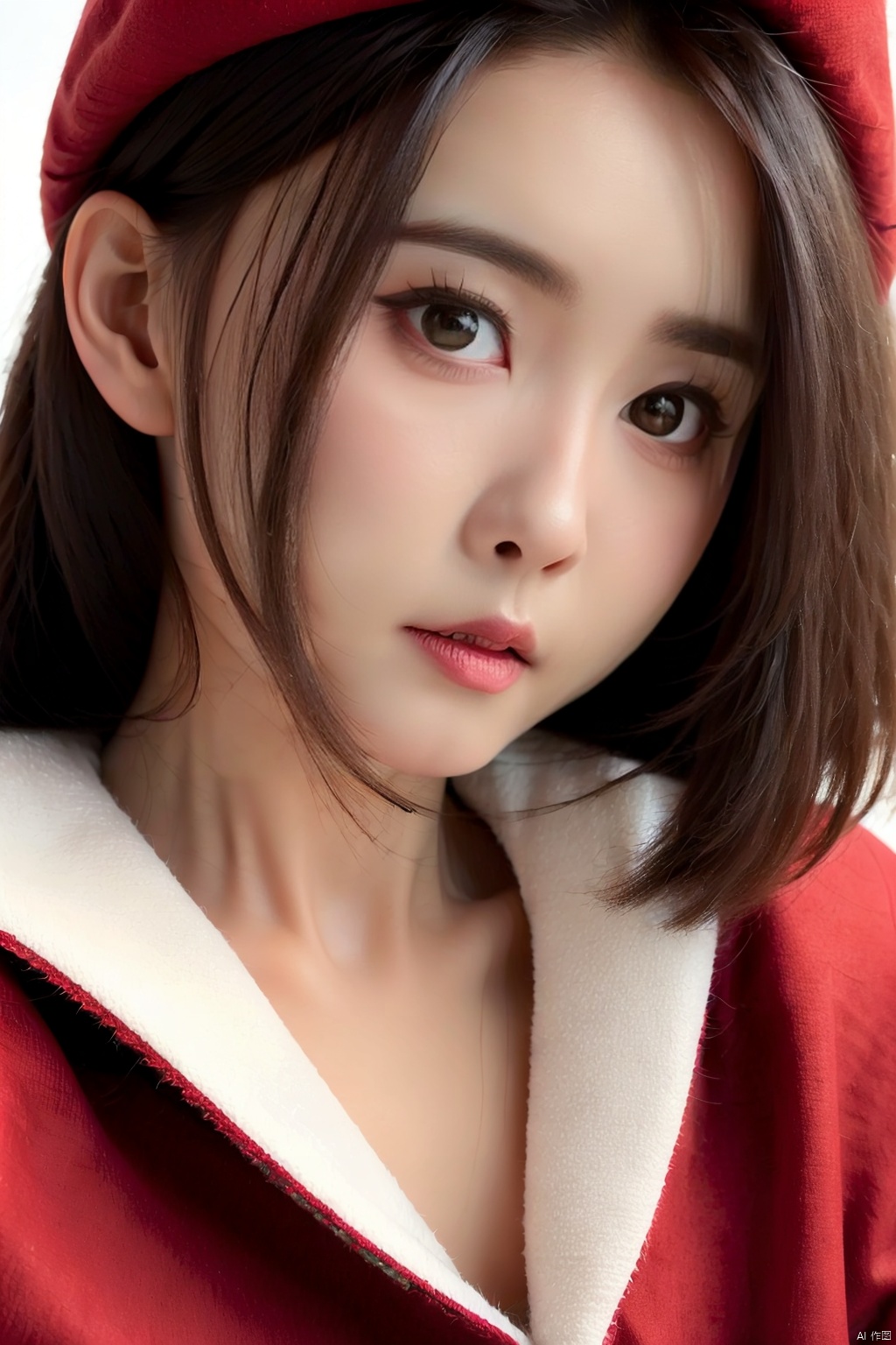  masterpiece, best quality, 1girl, red background, black hair, Long curly hair, face front, ((red fashion silk lone costume with red swirling vortexes pattern)), ((Red Plush Fur Hat)), emotional face, (close up portrait), make up, studio light, studio, ((poakl)), poakl ggll girl