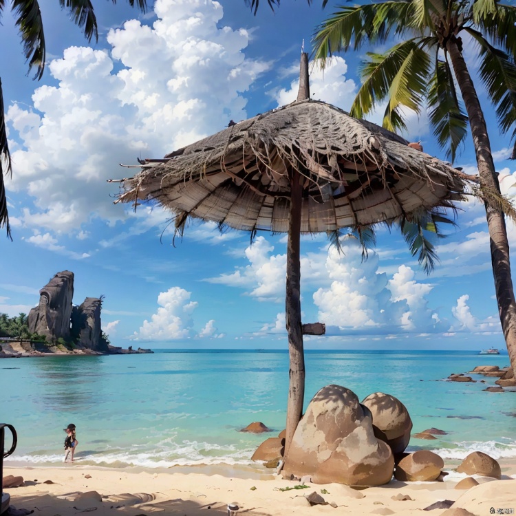 8k, best quality, masterpiece, ultra high resolution, (realism: 1.4), original photo, beach,reef,coconut tree,landscape photo,Photography