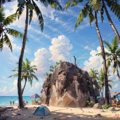 8k, best quality, masterpiece, ultra high resolution, (realism: 1.4), original photo, beach,reef,coconut tree,landscape photo,Photography, tianyahaojiao,（camping:1.2）