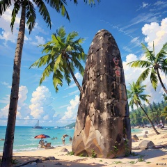 8k, best quality, masterpiece, ultra high resolution, (realism: 1.4), original photo, beach,reef,coconut tree,landscape photo,Photography, ,（camping：1）