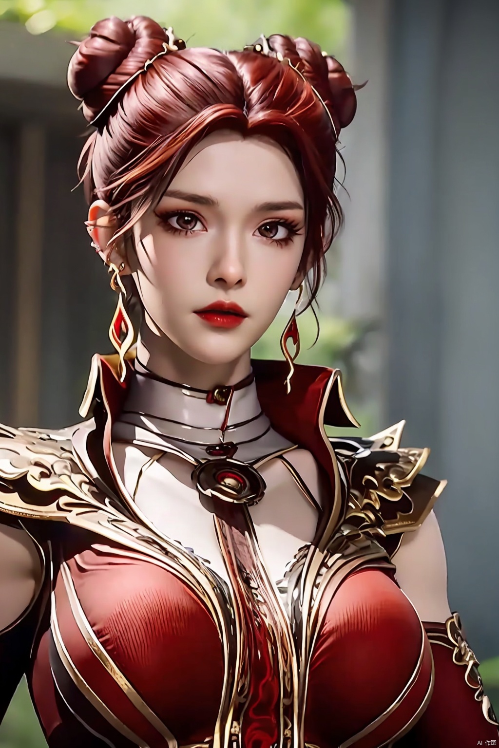 1girl, solo, breasts, looking at viewer, short hair, brown hair, dress, brown eyes, jewelry, medium breasts, upper body, red hair, earrings, hair bun, blurry, clothing cutout, double bun, blurry background, realistic, red lips, shoulder cutout, maxiaotao<lora:EMS-317808-EMS:0.800000>