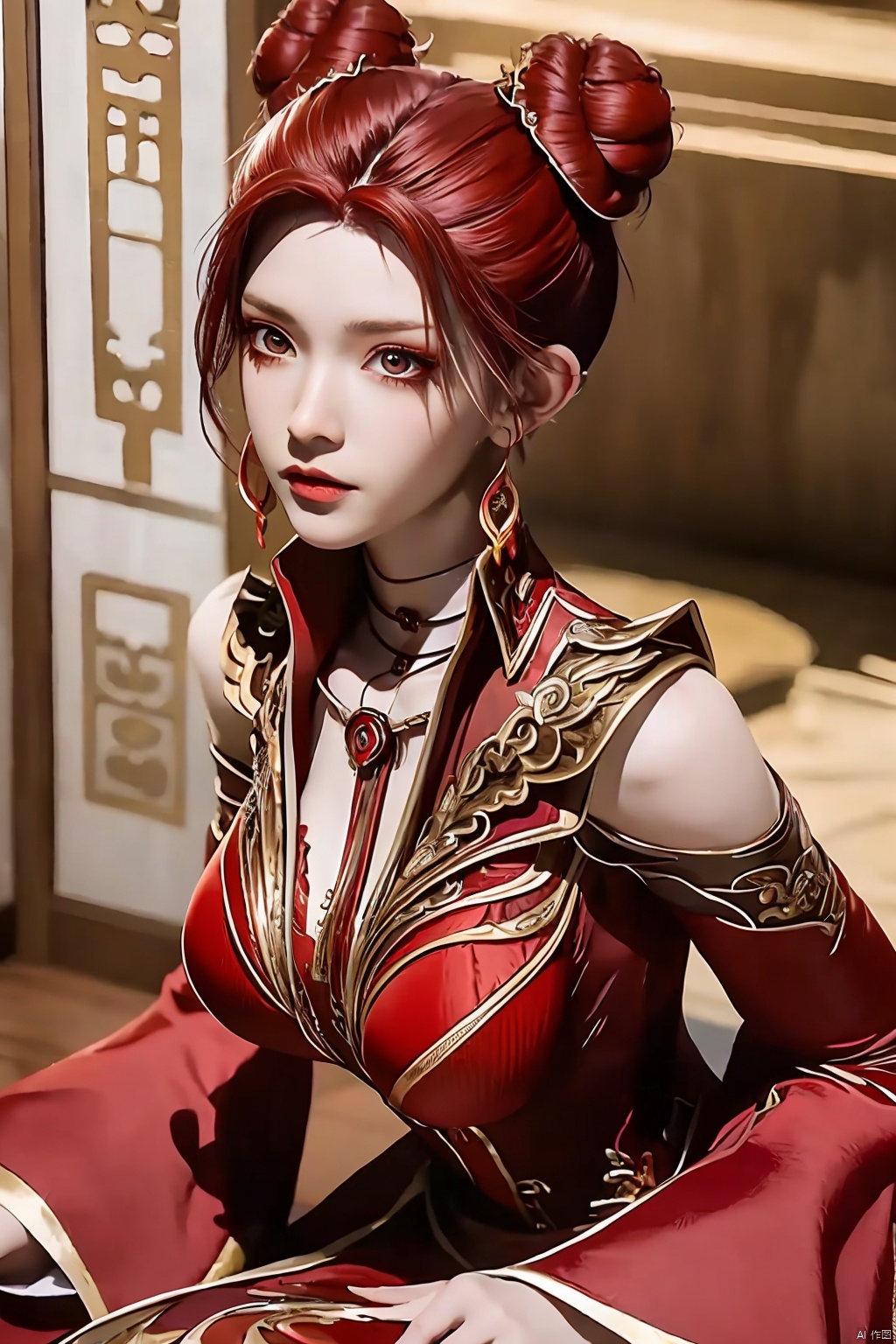 1girl, solo, breasts, looking at viewer, short hair, red eyes, dress, jewelry, sitting, red hair, earrings, detached sleeves, hair bun, double bun, chinese clothes, maxiaotao<lora:EMS-317808-EMS:0.800000>