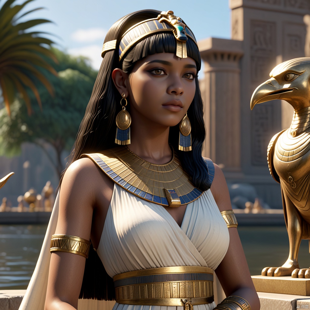 yanhouaiji\(ip\)A group of Cleopatra, many people, by the river, jewelry, bird, black hair, statue, dark-skinned female, dark skin, earrings, 1girl,masterpiece,best qualityhighly detailed,realistic rendering,unreal engine,octanerender,realistic rendering,