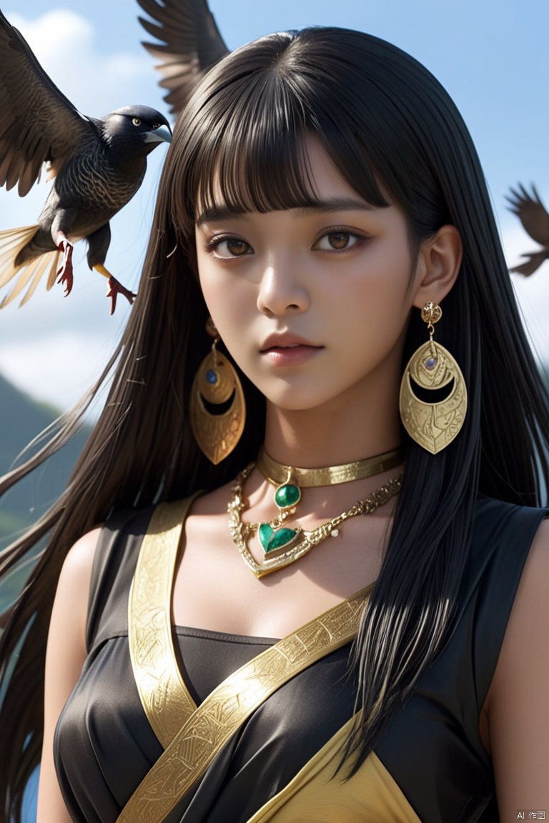 yanhouaiji\(ip\), 1girl, black hair, bird, dark skin, looking at viewer, jewelry, bangs, earrings, dark-skinned female,Movie effects, real characters,