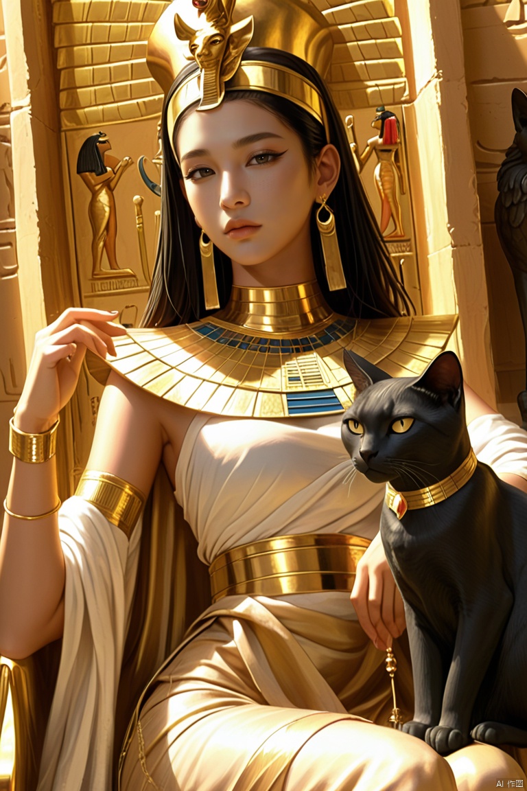 yanhouaiji\(ip\),Asian beauties, 1girl, throne, cat, egyptian, sitting, jewelry, statue, dark-skinned female, staff, earrings, gold, dark skin,