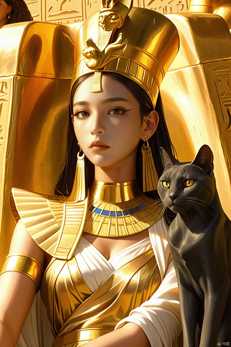 yanhouaiji\(ip\),Asian beauties, 1girl, throne, cat, egyptian, sitting, jewelry, statue, dark-skinned female, staff, earrings, gold, dark skin,