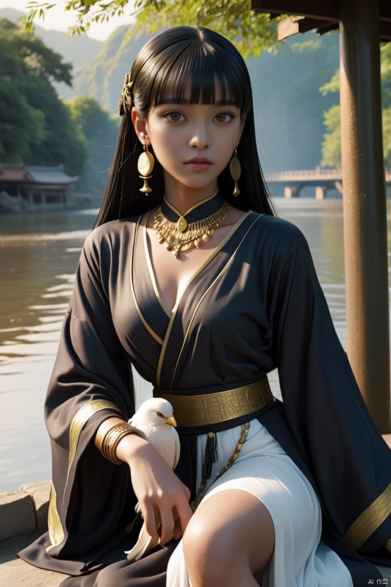 yanhouaiji\(ip\), By the river, sit down,1girl, black hair, bird, dark skin, looking at viewer, jewelry, bangs, earrings, dark-skinned female,Movie effects, real characters,
