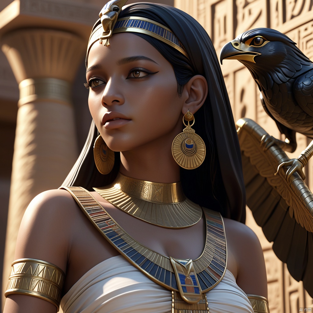 yanhouaiji\(ip\),Beauty, egyptian, jewelry, bird, black hair, statue, dark-skinned female, dark skin, earrings, 1girl,masterpiece,best qualityhighly detailed,realistic rendering,unreal engine,octanerender,realistic rendering,