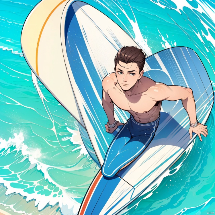  (((masterpiece))),(((best quality))),(((extremely detailed))),Surfing at the beach,1man