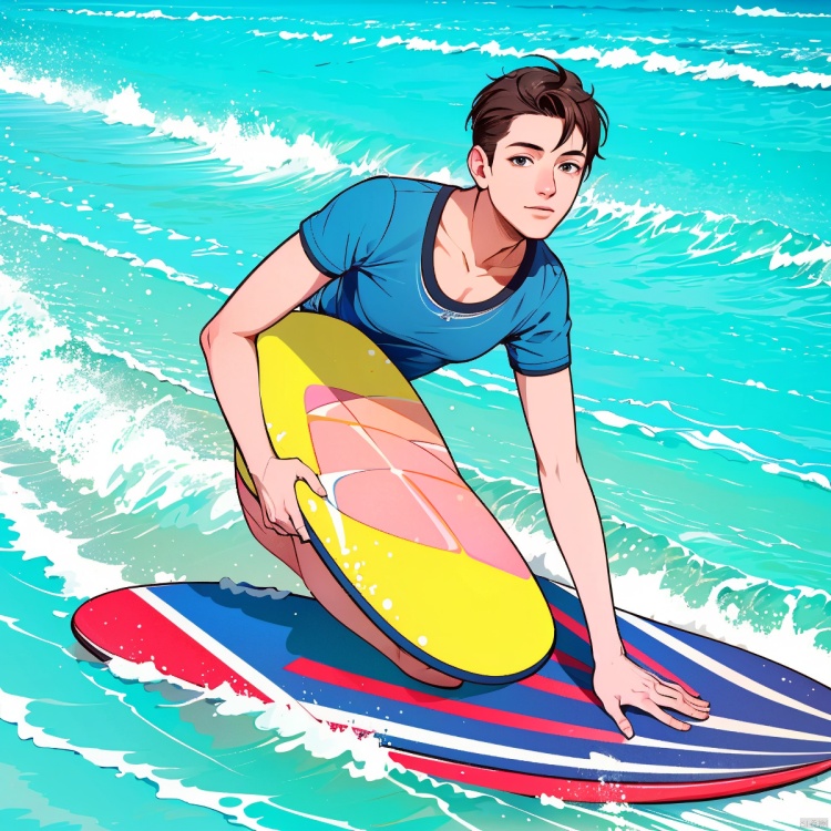  (((masterpiece))),(((best quality))),(((extremely detailed))),Surfing at the beach,1man