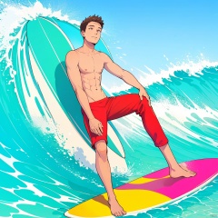  (((masterpiece))),(((best quality))),(((extremely detailed))),Surfing at the beach,1man