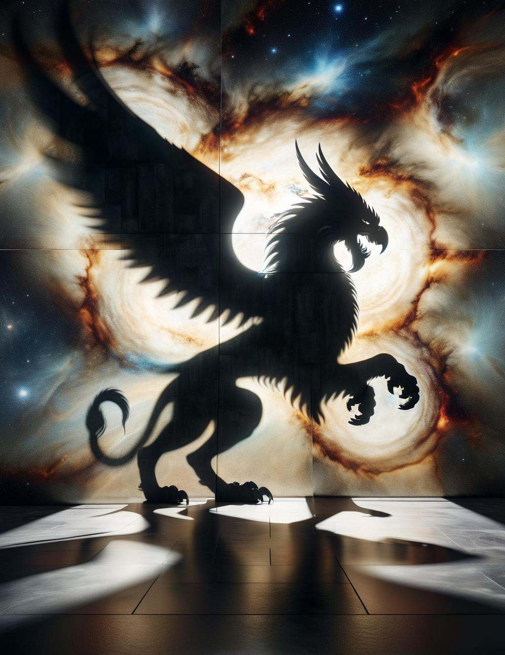DonM5h4d0w5XL shadow  on a cosmic energy panels wall, gryphon, <lora:DonM5h4d0w5XL-000010:1>