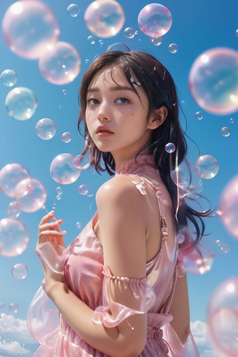 a woman in a pink dress blowing bubbles,  ayaka genshin impact,  high fashion magazine cover on Tensor.Art