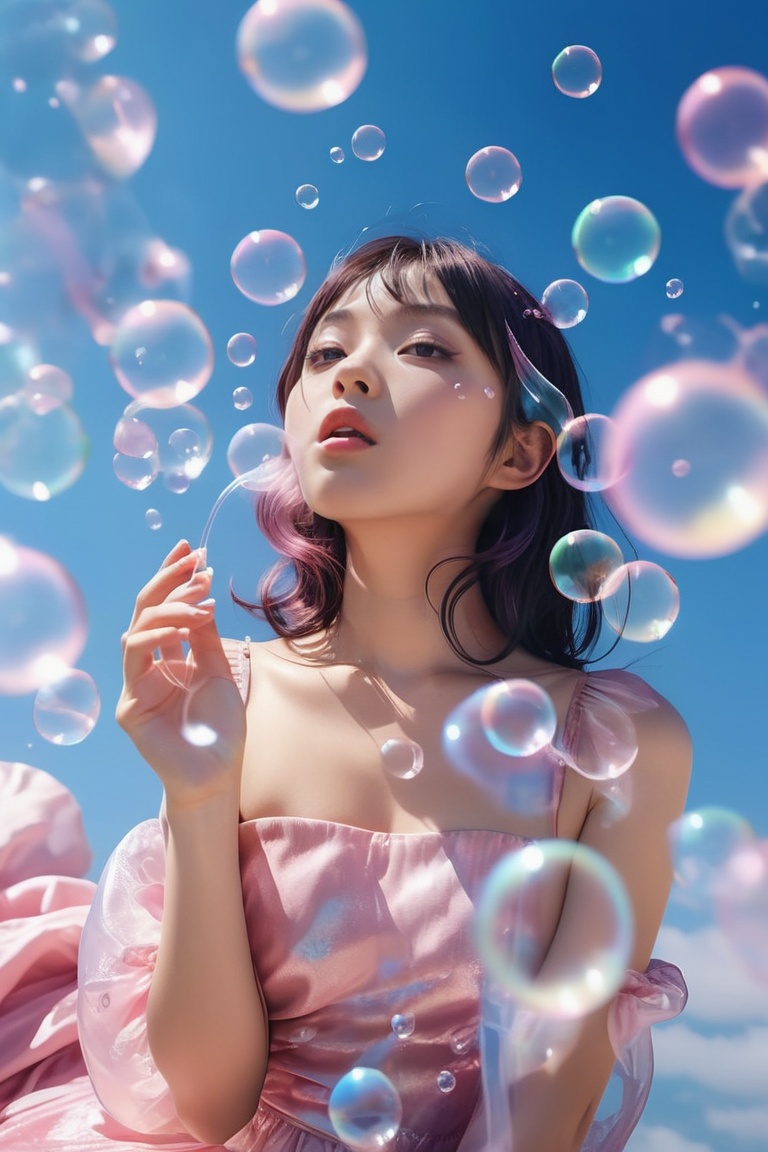 a woman in a pink dress blowing bubbles,  ayaka genshin impact,  high fashion magazine cover on Tensor.Art