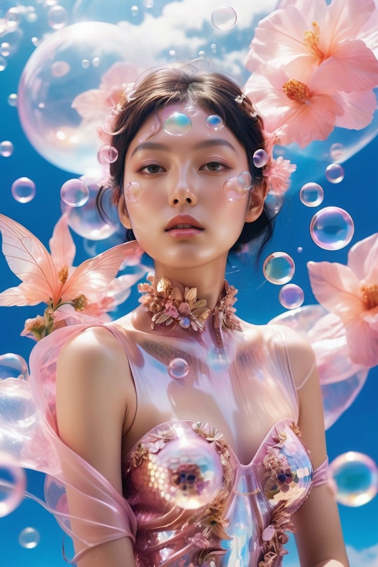 a woman in a pink dress blowing bubbles,  high fashion magazine cover,  glossy flecks of iridescence on Tensor.Art