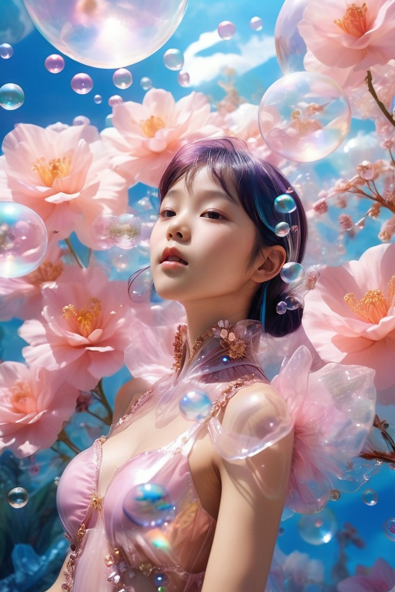 a woman in a pink dress blowing bubbles,  high fashion magazine cover,  glossy flecks of iridescence on Tensor.Art