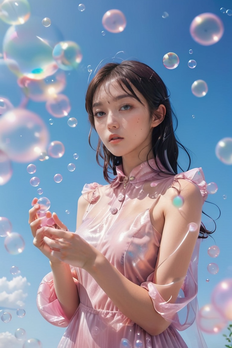 a woman in a pink dress blowing bubbles,  ayaka genshin impact,  high fashion magazine cover on Tensor.Art