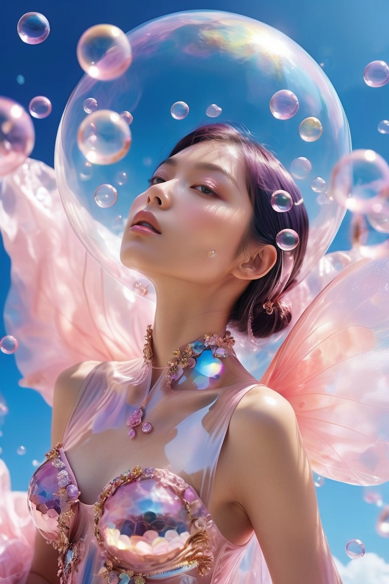 a woman in a pink dress blowing bubbles,  high fashion magazine cover,  glossy flecks of iridescence on Tensor.Art