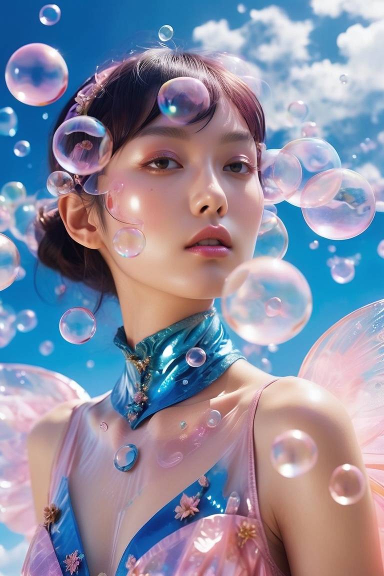a woman in a pink dress blowing bubbles,  high fashion magazine cover,  glossy flecks of iridescence on Tensor.Art