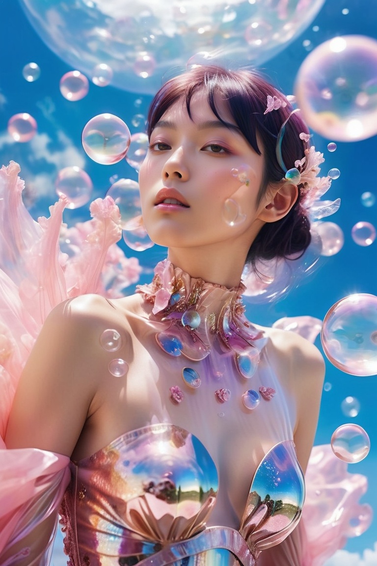 a woman in a pink dress blowing bubbles,  high fashion magazine cover,  glossy flecks of iridescence on Tensor.Art