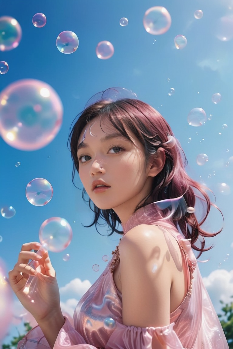 a woman in a pink dress blowing bubbles,  ayaka genshin impact,  high fashion magazine cover on Tensor.Art