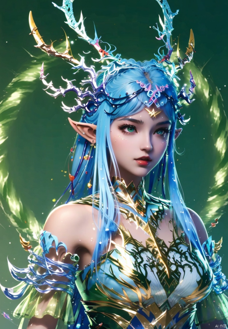 1girl, solo, long hair, hair ornament, dress, bare shoulders, green eyes, blue hair, upper body, horns, pointy ears, antlers