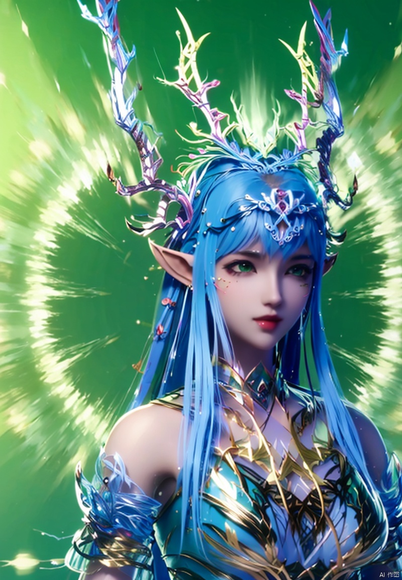 1girl, solo, long hair, hair ornament, dress, bare shoulders, green eyes, blue hair, upper body, horns, pointy ears, antlers